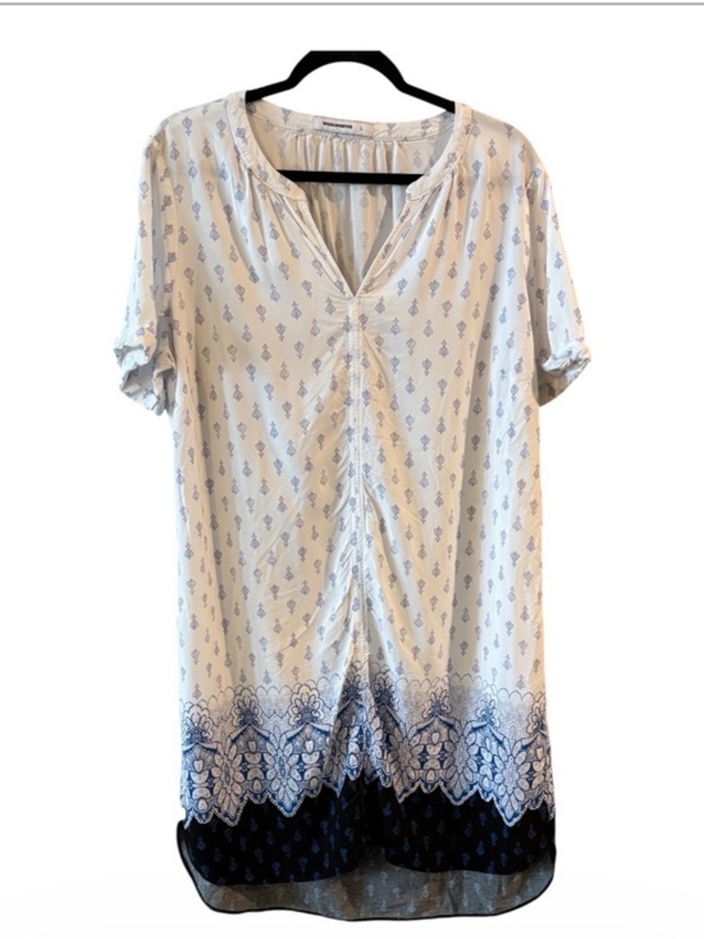 Woolworths Blue & White Border Print Tunic Dress Large Boho High Low